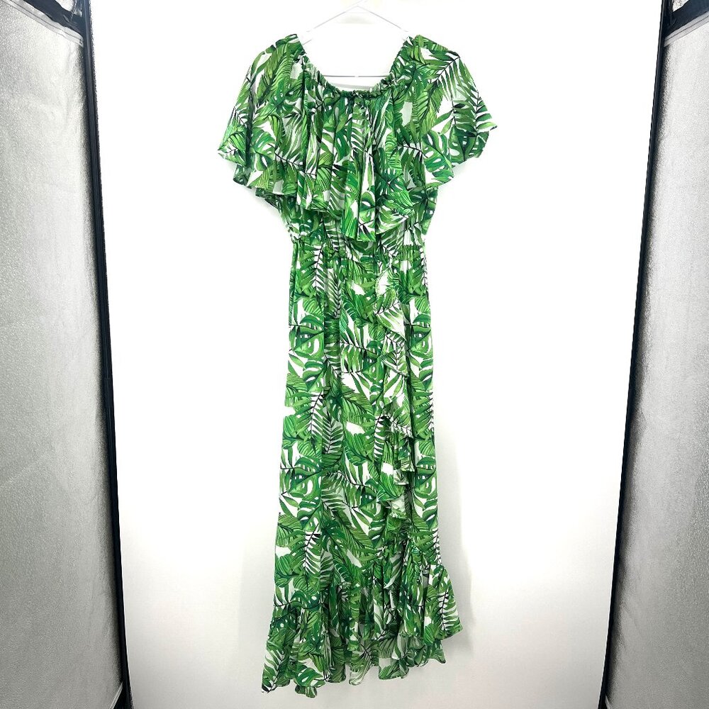 Catherine Prevost 100% Silk Ruffled Green Palm Maxi Dress Women's Large